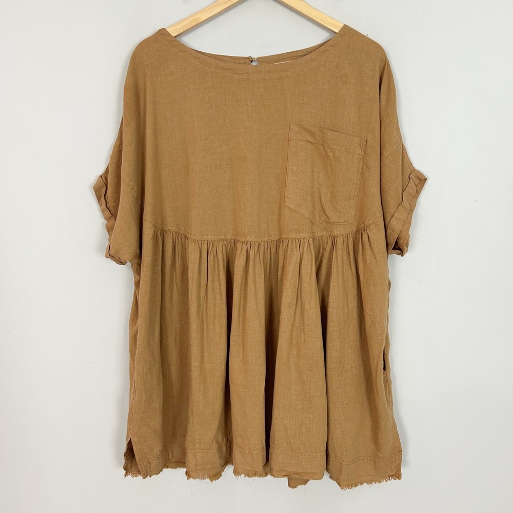 We The Free Top Brown Linen Blend Babydoll Peplum Top Boho Flowy Size Large